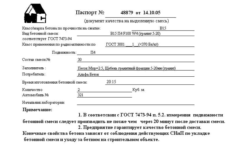 Паспорт бетонной смеси образец